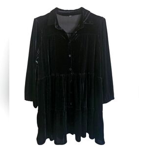 Women's  Black Velvet Whimsigoth Tiered Button-down Babydoll Dress Large
